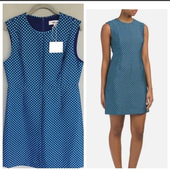 Diane Von Furstenberg Dress Women 12 Blue Madyson Geo Print Stretchy Scuba - Picture 1 of 11